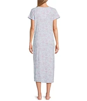 Miss Elaine Cottonessa Floral Paisley Print Short Sleeve V-Neck Knit Long Nightgown