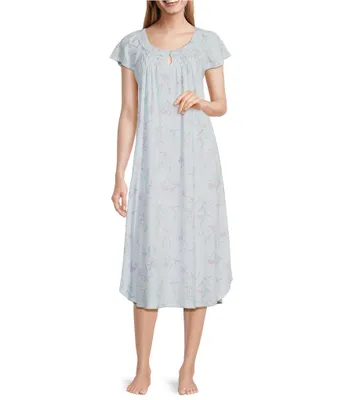 Miss Elaine Cottonessa Floral Stems Long Knit Nightgown