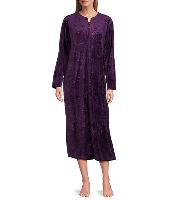 Miss Elaine Embossed Fleece Long Sleeve Round Neck Long Zip-Front Robe