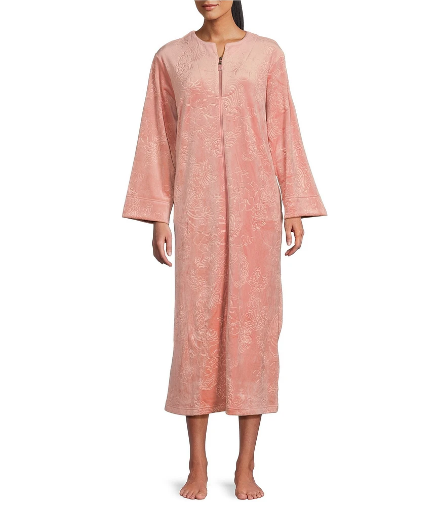 Miss Elaine Embossed Fleece Long Sleeve Round Neck Long Zip-Front Robe