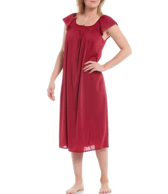 Miss Elaine Embroidered Flutter-Sleeve Round Neck Midi Nightgown