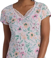Miss Elaine Floral Passion Print Short Sleeve V-Neck Knit Cotton Knee Length Nightgown