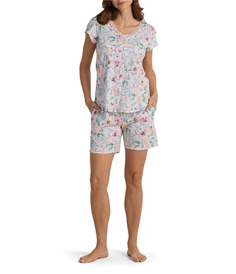 Miss Elaine Floral Passion Print Short Sleeve V-Neck Knit Cotton Shorty Pajama Set