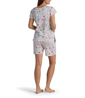 Miss Elaine Floral Passion Print Short Sleeve V-Neck Knit Cotton Shorty Pajama Set
