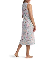 Miss Elaine Floral Passion Print Sleeveless V Neck Knit Cotton Long Nightgown
