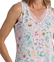 Miss Elaine Floral Passion Print Sleeveless V Neck Knit Cotton Long Nightgown