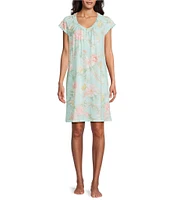 Miss Elaine Floral Print Short Sleeve Round Neck Knit Short Nightgown