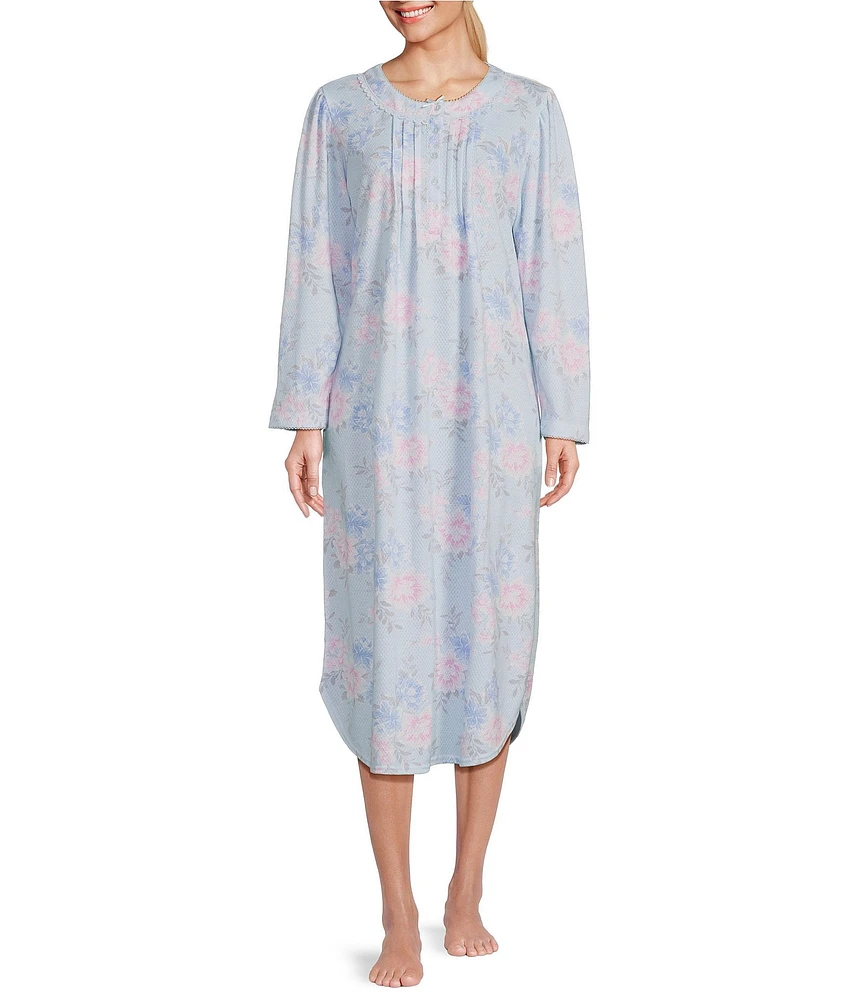 Miss Elaine Floral Spray Printed Brushed Honeycomb Knit Long Sleeve Round Neck Long Nightgown