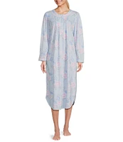 Miss Elaine Floral Spray Printed Brushed Honeycomb Knit Long Sleeve Round Neck Long Nightgown