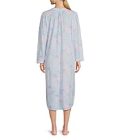 Miss Elaine Floral Spray Printed Brushed Honeycomb Knit Long Sleeve Round Neck Long Nightgown