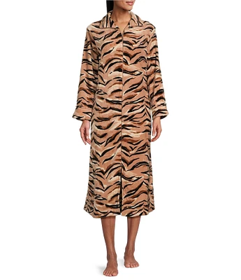 Miss Elaine French Fleece Long Sleeve Notch Collar Long Zip-Front Tiger Print Robe