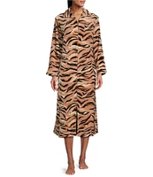 Miss Elaine French Fleece Long Sleeve Notch Collar Long Zip-Front Tiger Print Robe