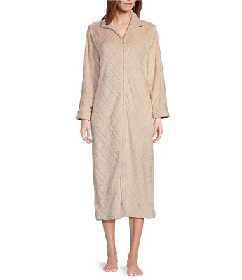 Miss Elaine French Fleece Solid Long Sleeve Notch Collar Long Zip-Front Robe