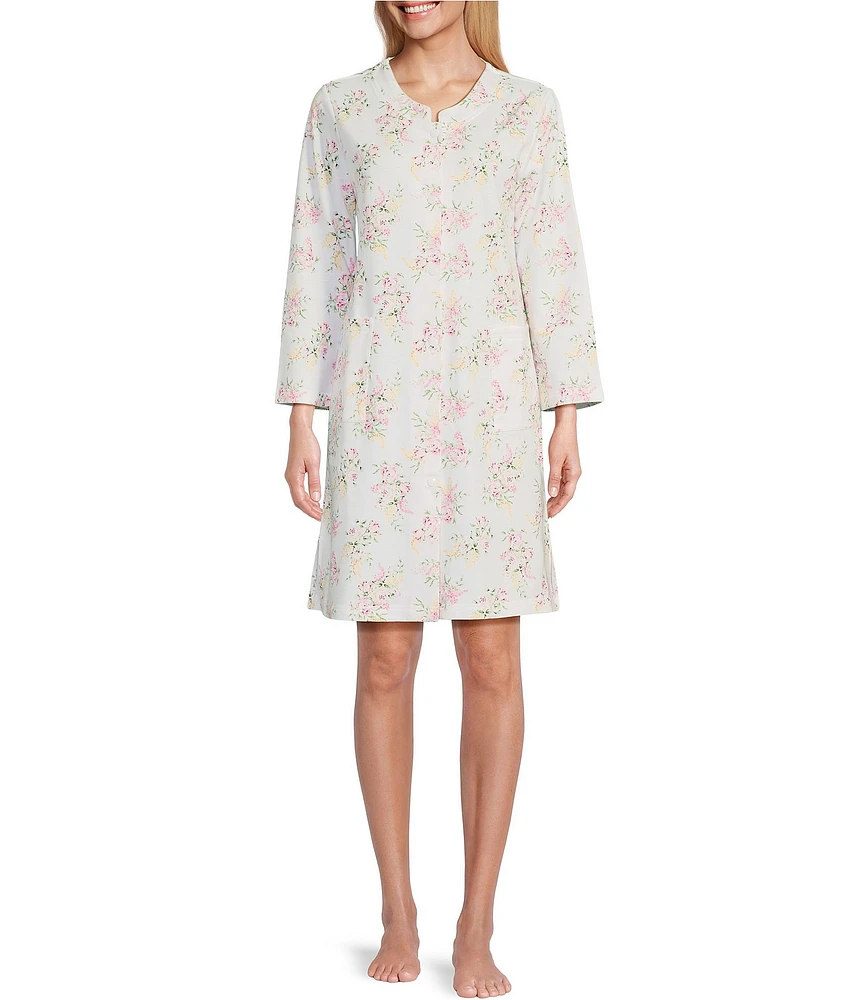 Miss Elaine French Terry Snap-Front Floral Print Round Neck Patch Pocket Long Sleeve Robe