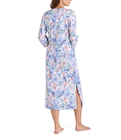Miss Elaine Interlock Knit 3/4 Sleeve Long Tropical Palm Print Zip-Front Robe