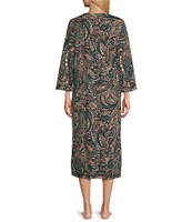 Miss Elaine Interlock Knit 3/4 Sleeve Long Zip-Front Paisley Robe