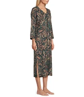 Miss Elaine Interlock Knit 3/4 Sleeve Long Zip-Front Paisley Robe