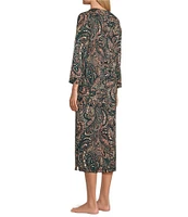 Miss Elaine Interlock Knit 3/4 Sleeve Long Zip-Front Paisley Robe