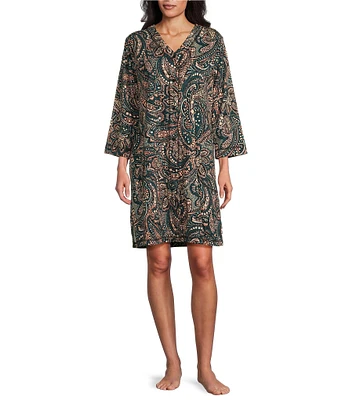 Miss Elaine Interlock Knit Short Paisley Print Snap-Front Robe