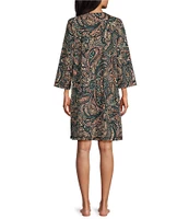 Miss Elaine Interlock Knit Short Paisley Print Snap-Front Robe