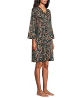 Miss Elaine Interlock Knit Short Paisley Print Snap-Front Robe