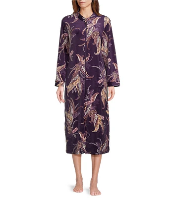 Miss Elaine Luxe Fleece Long Sleeve Round Neck Long Zip-Front Paisley Robe