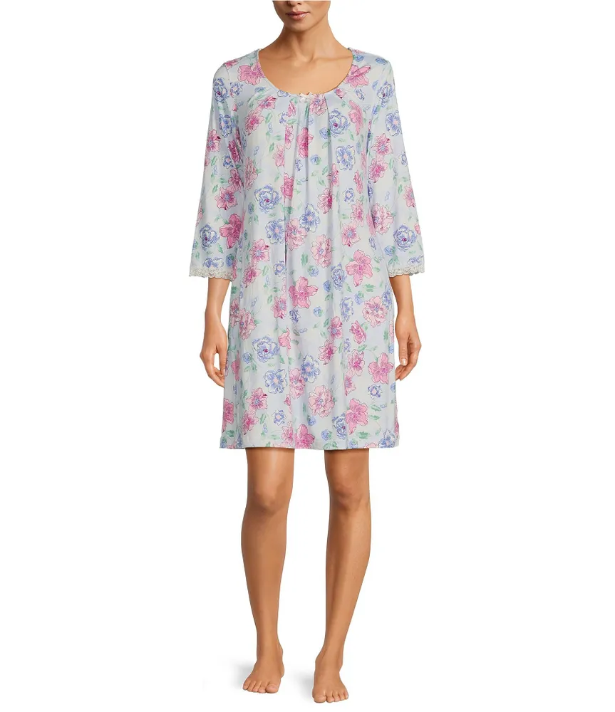 Miss Elaine Micro Velvet Floral Print Short Nightgown