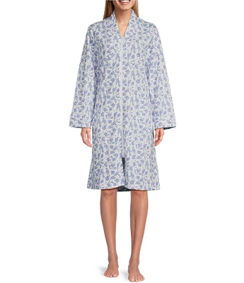 Miss Elaine Navy Bouquets French Terry Long Sleeve V-Neck Zip Short Robe