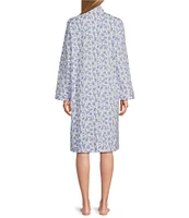 Miss Elaine Navy Bouquets French Terry Long Sleeve V-Neck Zip Short Robe