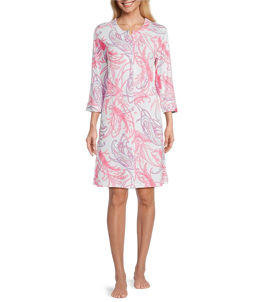 Miss Elaine Paisley Print 3/4 Sleeve Interlock Knit Snap Robe