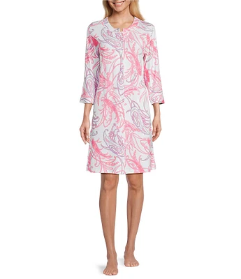 Miss Elaine Paisley Print 3/4 Sleeve Interlock Knit Snap Robe