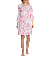 Miss Elaine Paisley Print 3/4 Sleeve Interlock Knit Snap Robe