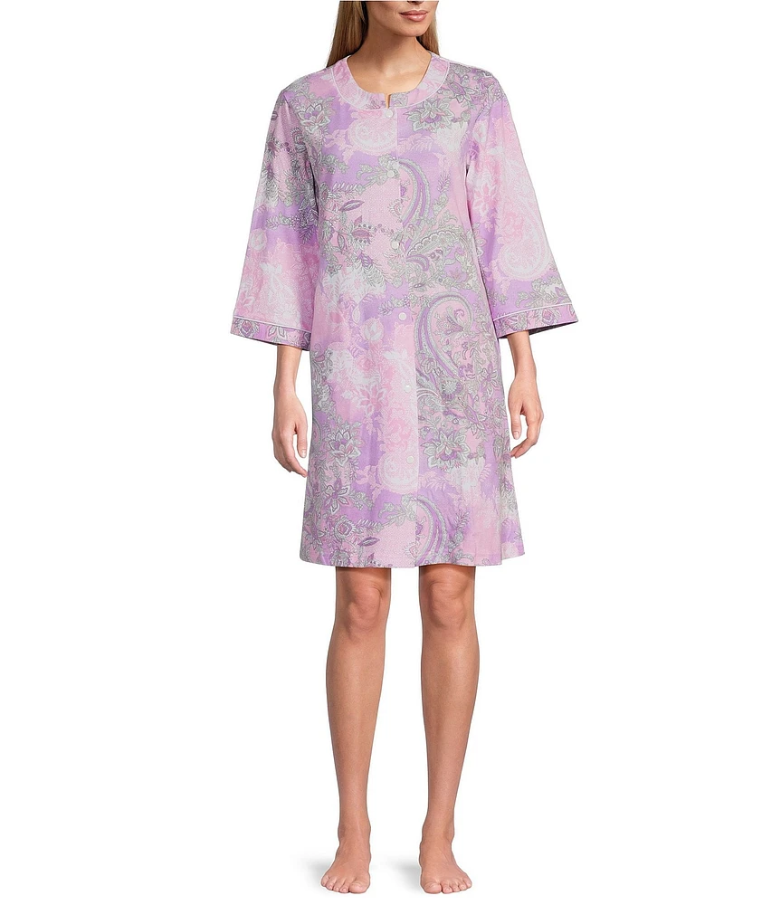 Miss Elaine Paisley Print 3/4 Sleeve Round Neck Interlock Knit Snap-Front Short Robe