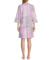 Miss Elaine Paisley Print 3/4 Sleeve Round Neck Interlock Knit Snap-Front Short Robe