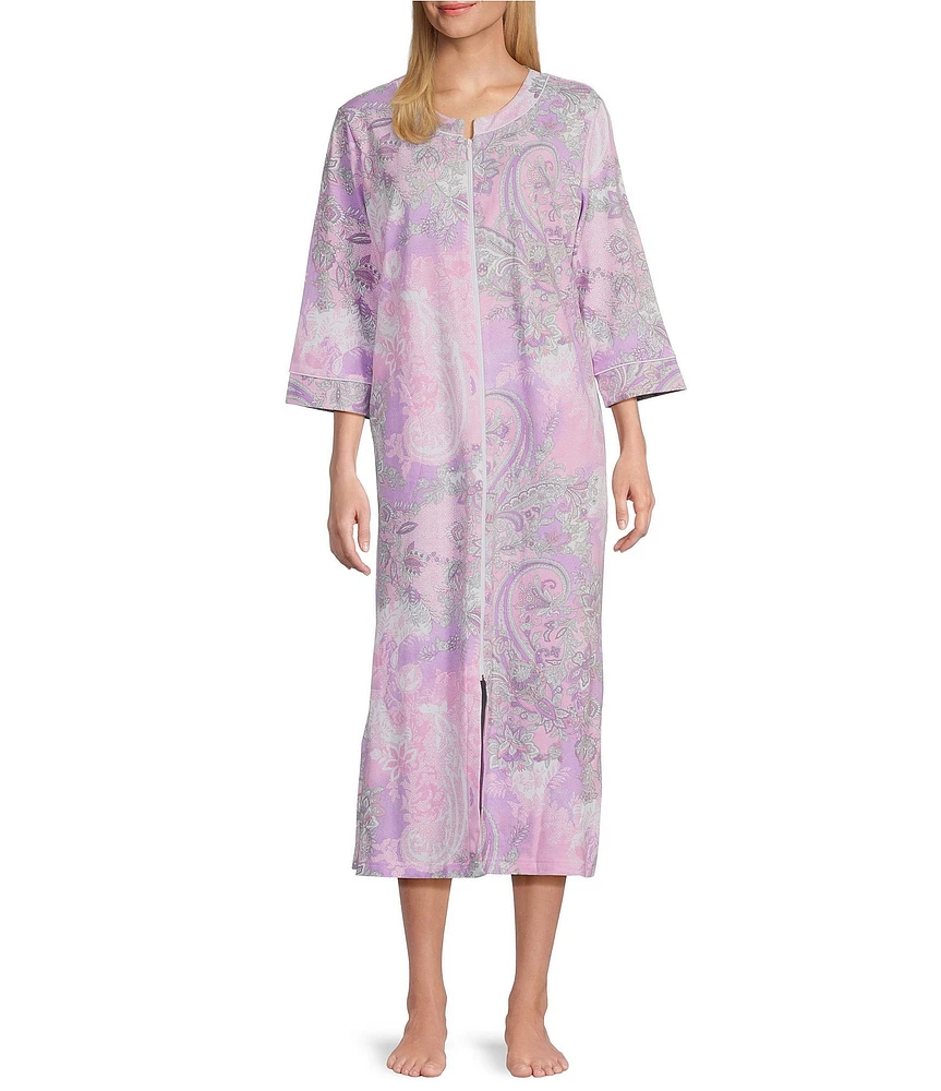 Miss Elaine Paisley Print 3/4 Sleeve Round Neck Interlock Knit Zip-Front Long Robe