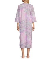 Miss Elaine Paisley Print 3/4 Sleeve Round Neck Interlock Knit Zip-Front Long Robe