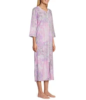 Miss Elaine Paisley Print 3/4 Sleeve Round Neck Interlock Knit Zip-Front Long Robe