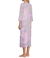 Miss Elaine Paisley Print 3/4 Sleeve Round Neck Interlock Knit Zip-Front Long Robe