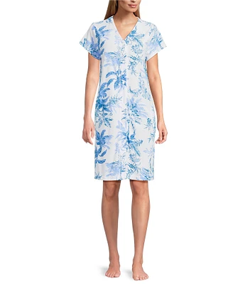 Miss Elaine Palm Print Short Sleeve V-Neck Short Snap-Front Terry Robe
