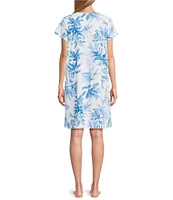 Miss Elaine Palm Print Short Sleeve V-Neck Short Snap-Front Terry Robe