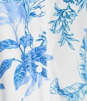 Miss Elaine Palm Print Short Sleeve V-Neck Short Snap-Front Terry Robe