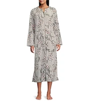 Miss Elaine Peach Blossom Print Long Sleeve Round Neck Luxe Fleece Long Zip Robe