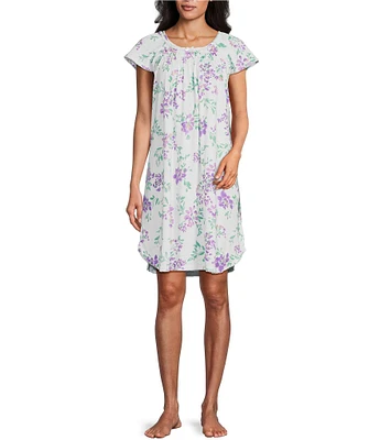 Miss Elaine Petite Size Cottonessa Knit Floral Print Smocked Round Neck Short Sleeve Long Nightgown
