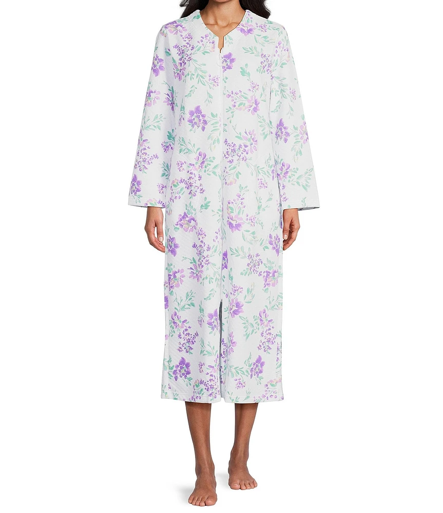 Miss Elaine Petite Size Floral Quilt-In-Knit Long Sleeve Zip Front Robe