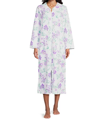 Miss Elaine Petite Size Floral Quilt-In-Knit Long Sleeve Zip Front Robe
