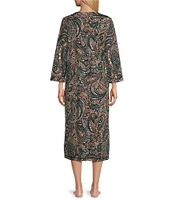 Miss Elaine Petite Size Interlock Knit 3/4 Sleeve Long Zip-Front Paisley Robe