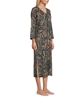 Miss Elaine Petite Size Interlock Knit 3/4 Sleeve Long Zip-Front Paisley Robe