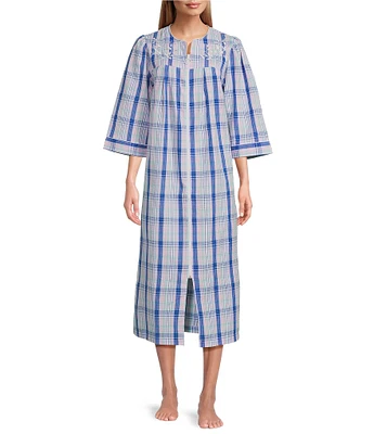 Miss Elaine Petite Size Seersucker 3/4 Sleeve Plaid Zip-Front Long Robe