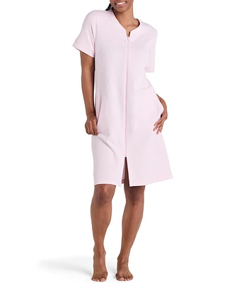 Miss Elaine Petite Size Solid Quilt-In-Knit Short Zip Robe