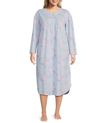 Miss Elaine Plus Size Brushed Printed Honeycomb Long Sleeve Round Neck Knit Long Nightgown